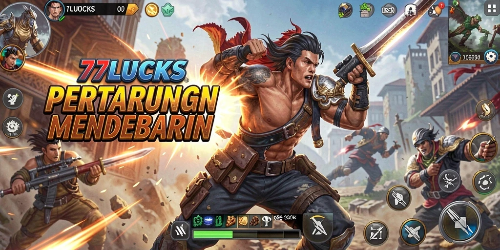 Screenshot gameplay 77LUCKS yang memperlihatkan aksi pertarungan mendebarkan.