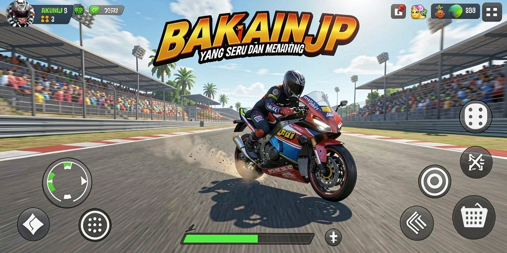 Tampak screenshot gameplay AKUNJP yang penuh aksi balapan motor.