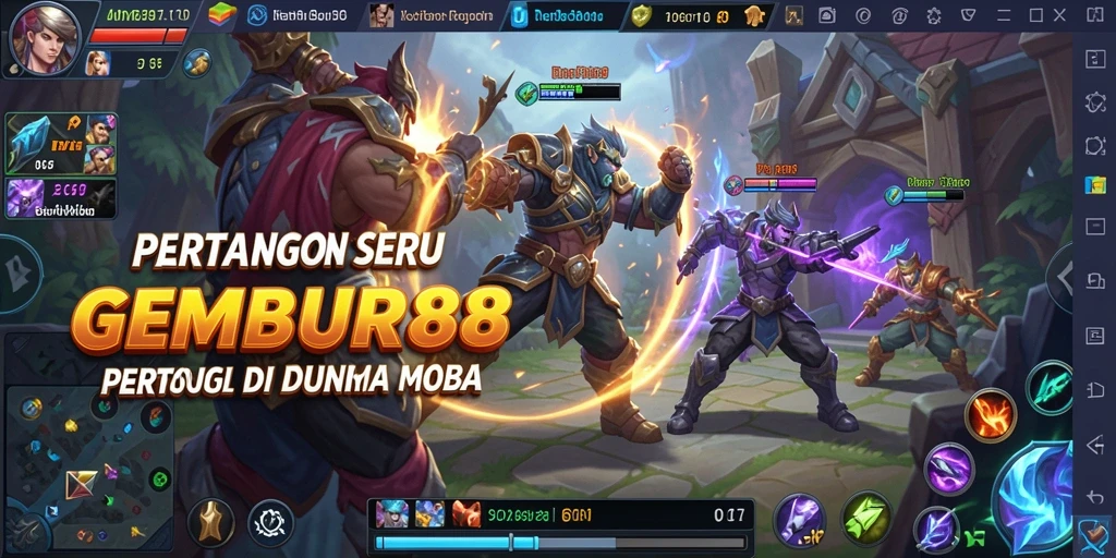 Screenshot utama gameplay <strong>GEMBUR88</strong> yang menunjukkan pertarungan seru dan strategi tim.