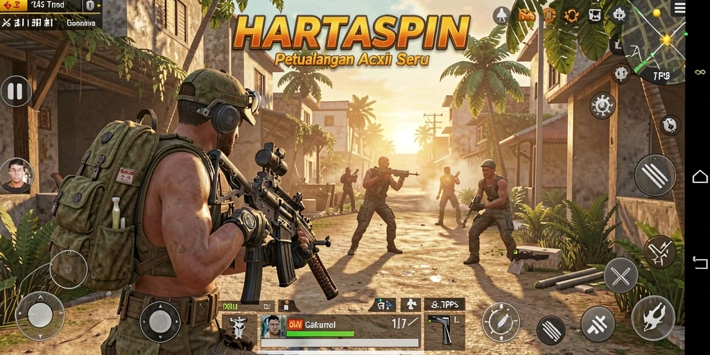 Tampilan gameplay seru HARTASPIN dengan karakter beraksi di medan perang.