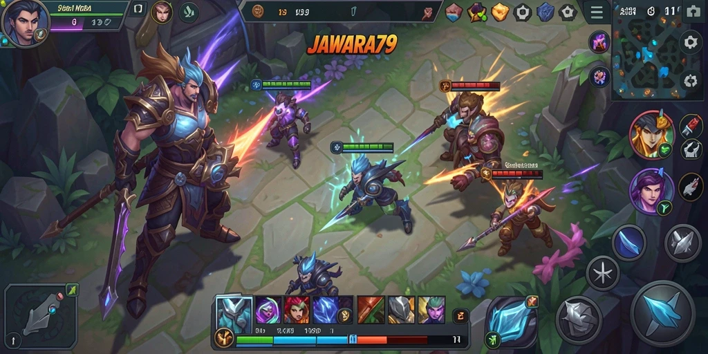 Screenshot gameplay JAWARA79 menampilkan aksi seru dalam pertempuran MOBA.