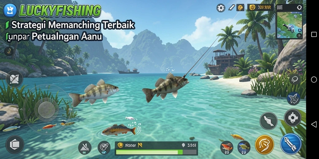 Tangkapan layar gameplay LUCKYFISHING menampilkan aksi memancing yang seru.