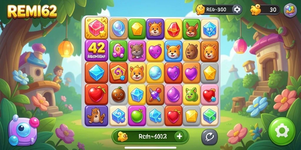Screenshot utama REMI62 yang menampilkan gameplay Match-3 yang seru.